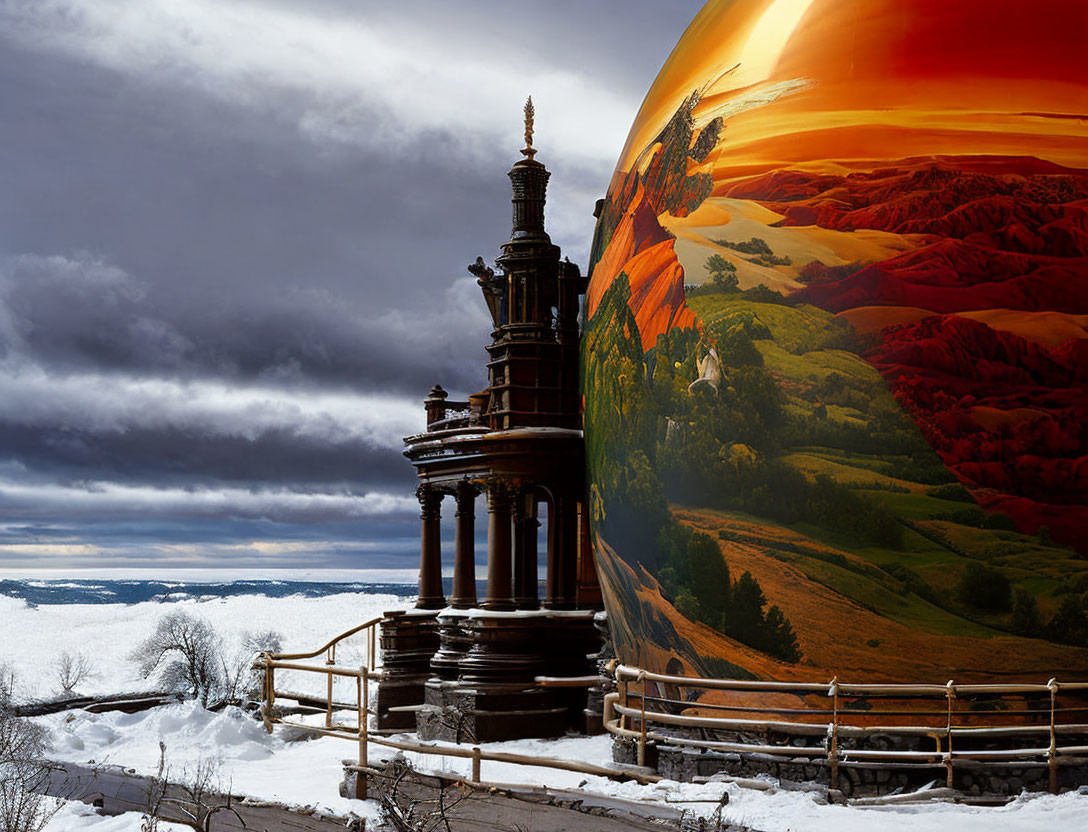 Vividly colored hot air balloon next to ornate wooden structure in snowy landscape