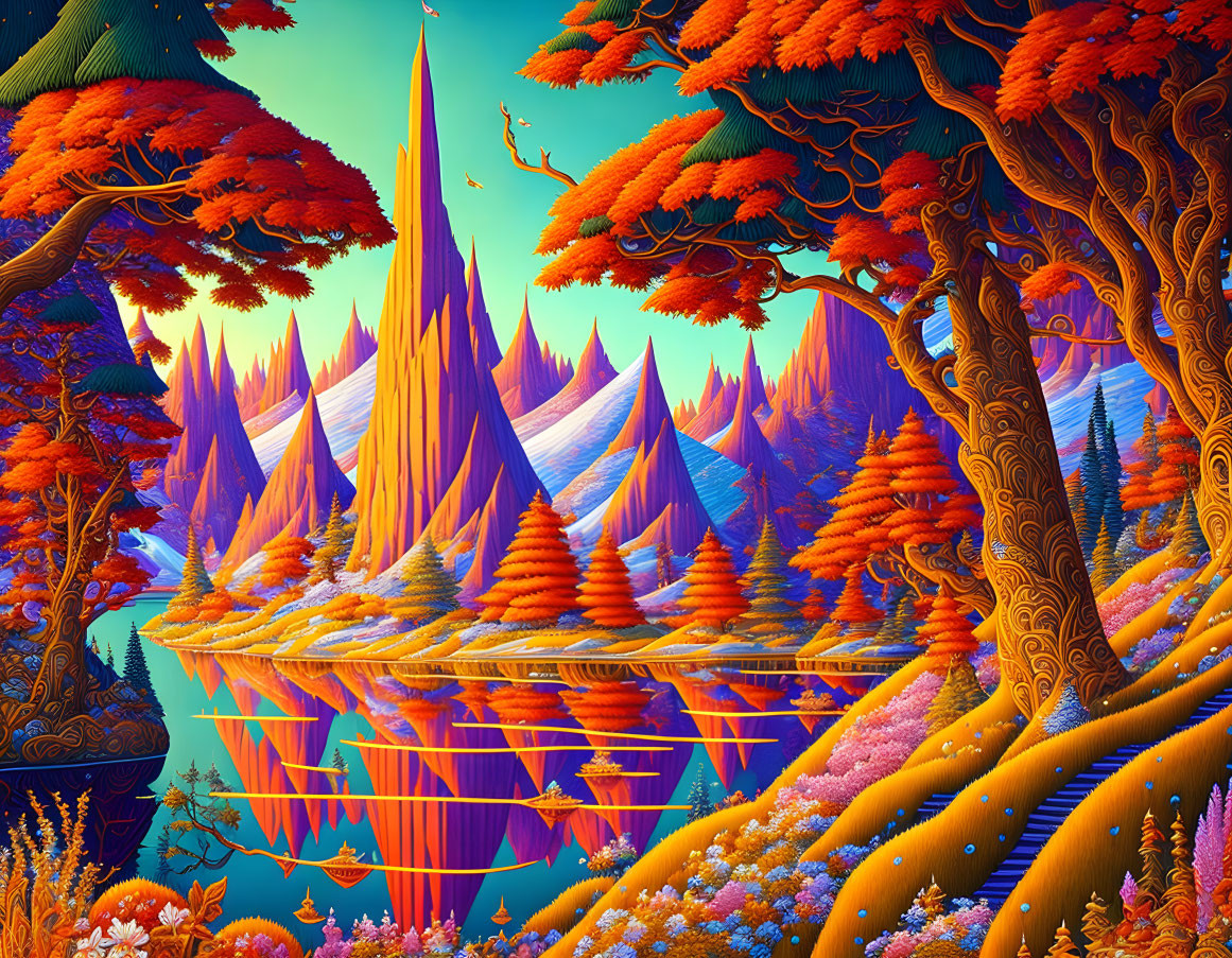 Colorful fantasy landscape: orange trees, purple mountains, reflective lake.
