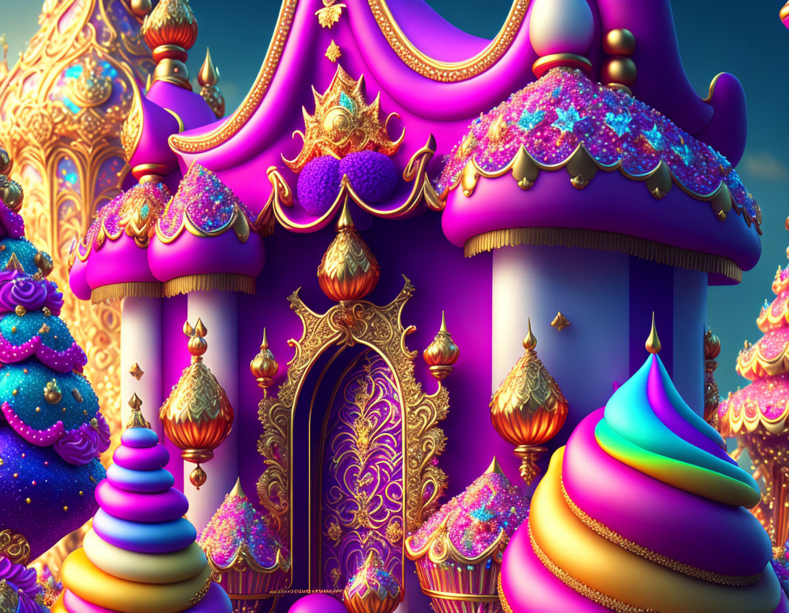 Colorful Fantasy Castle with Golden Accents and Swirling Towers