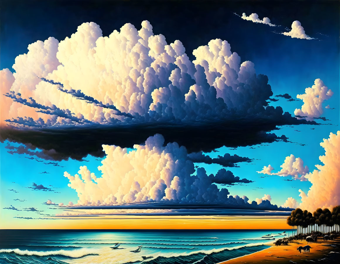 Beach scene painting with cumulus clouds, blue skies, ocean, trees, and animals