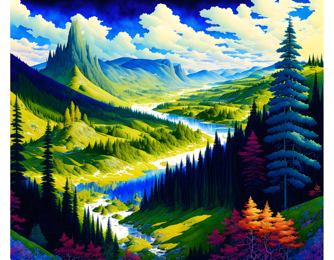 Scenic landscape: river, valley, pine forests, mountains, blue sky