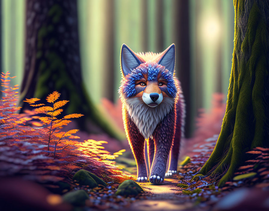 Colorful Fox with Human-Like Face in Enchanted Forest