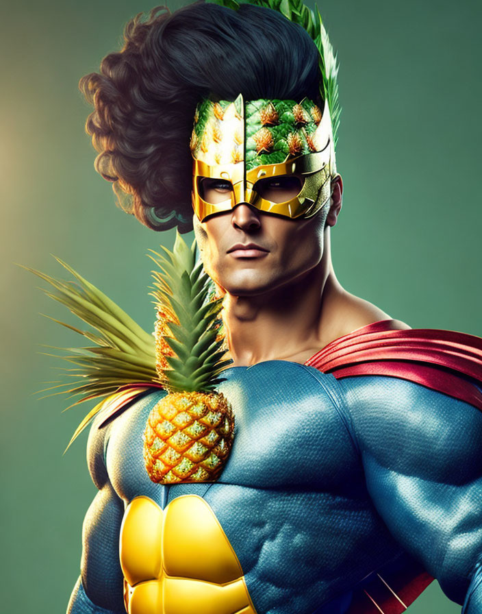 Colorful superhero portrait with pineapple theme and mask.