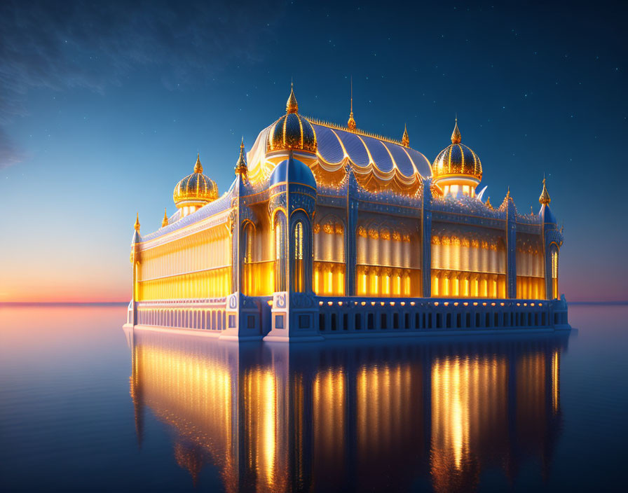 Golden domed palace reflected in water under twilight sky with stars