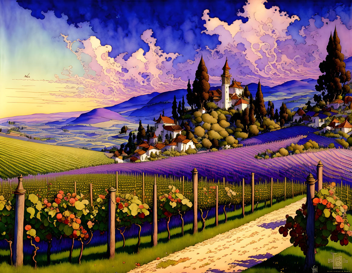 Colorful painting of lavender fields, castle, village, and sunset sky
