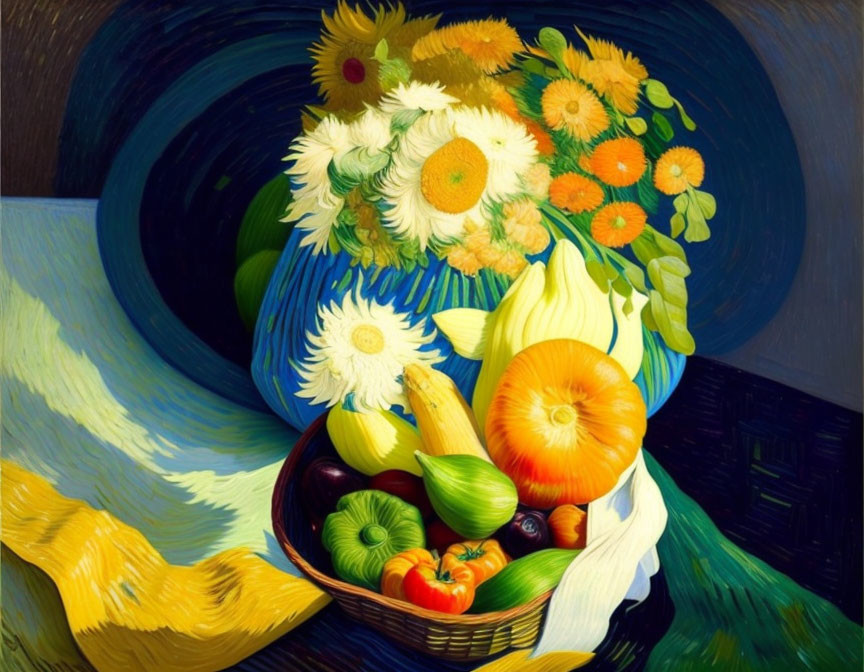 Colorful Still Life Painting with Sunflowers and Vegetables