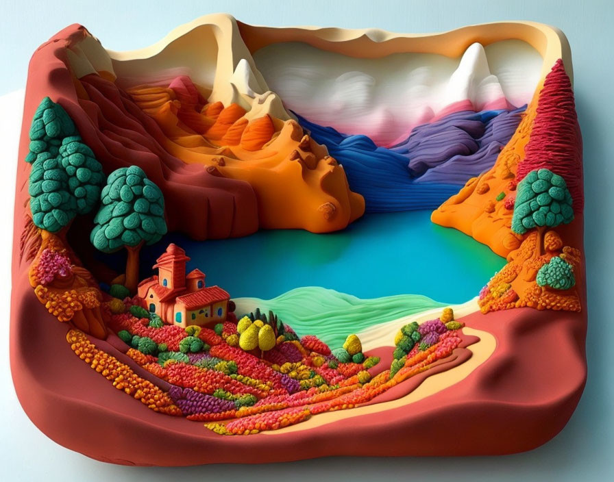 Colorful 3D artwork of miniature landscape with mountains, trees, water body, and house