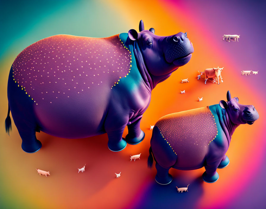 Stylized hippos with constellation pattern among miniature cows on vibrant gradient background