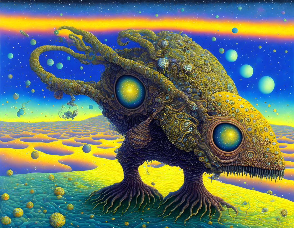 Colorful surreal alien creature on ornate landscape with large eyes.