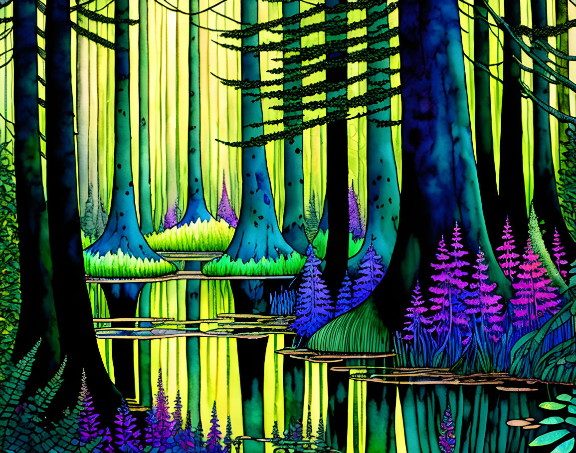 Vibrant forest scene with blue trees and purple ferns