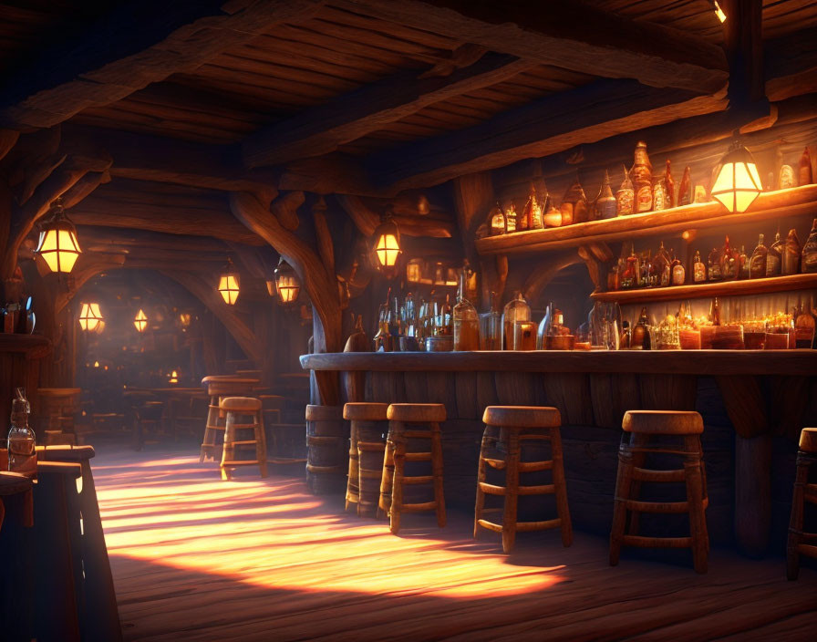 Cozy tavern interior with wooden bar stools and glowing lanterns