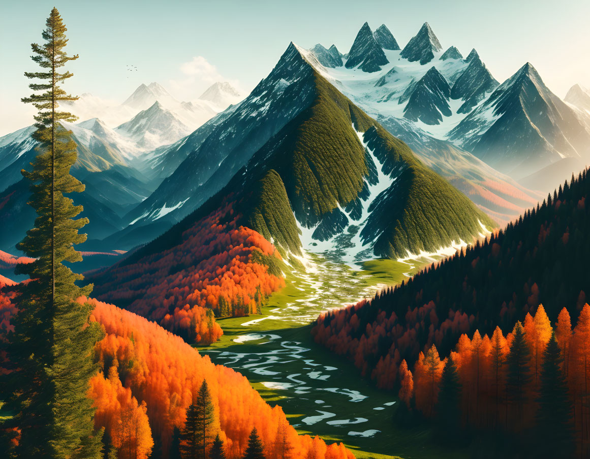 Autumn forest with river, mountains, and clear sky