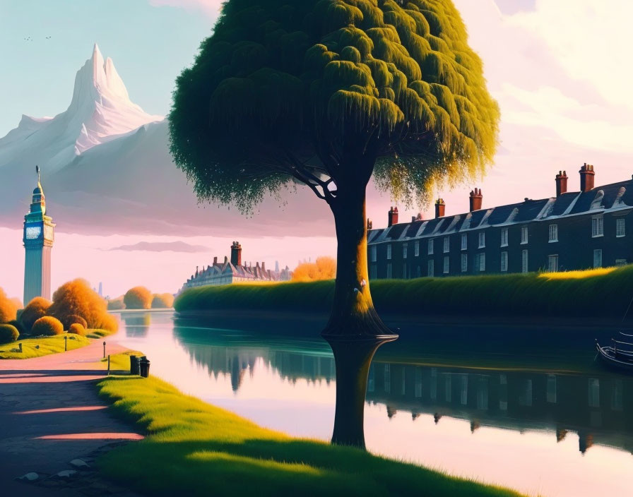 Tranquil landscape with lush tree, river, row houses, spire, and mountain.