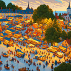 Colorful Coastal Town Painting with White Houses, Blue Roofs, Church Spire, Boats,
