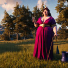 Woman in purple dress carrying jars of honey in sunny landscape