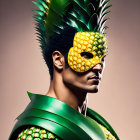 Person in Pineapple Masquerade Mask on Tan Background