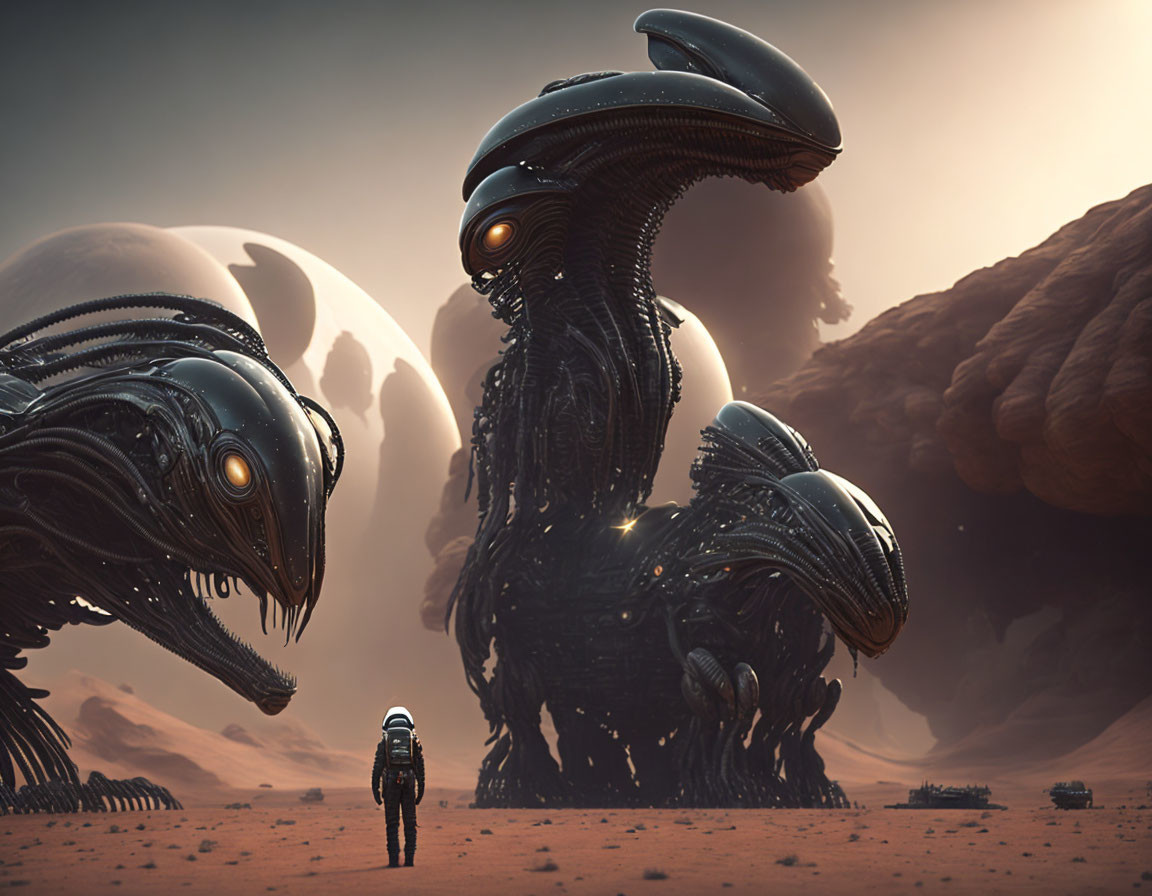 Astronaut on sandy alien planet with massive creatures and rock formations
