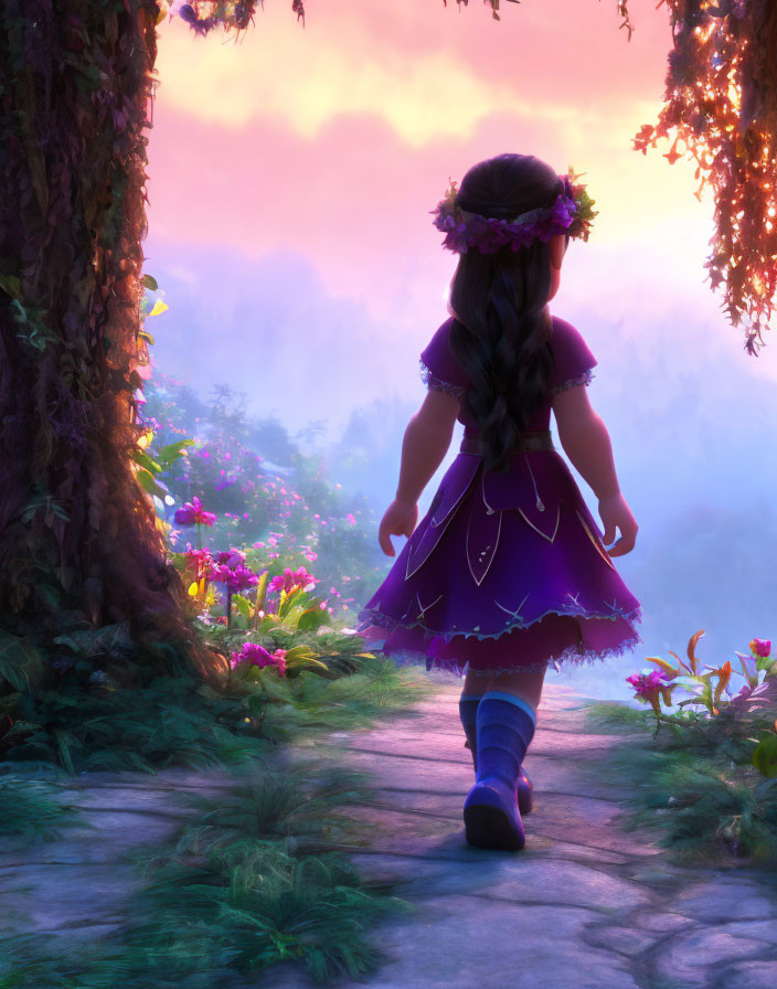 Young girl with braided hair and flower crown walking in enchanting forest at sunset