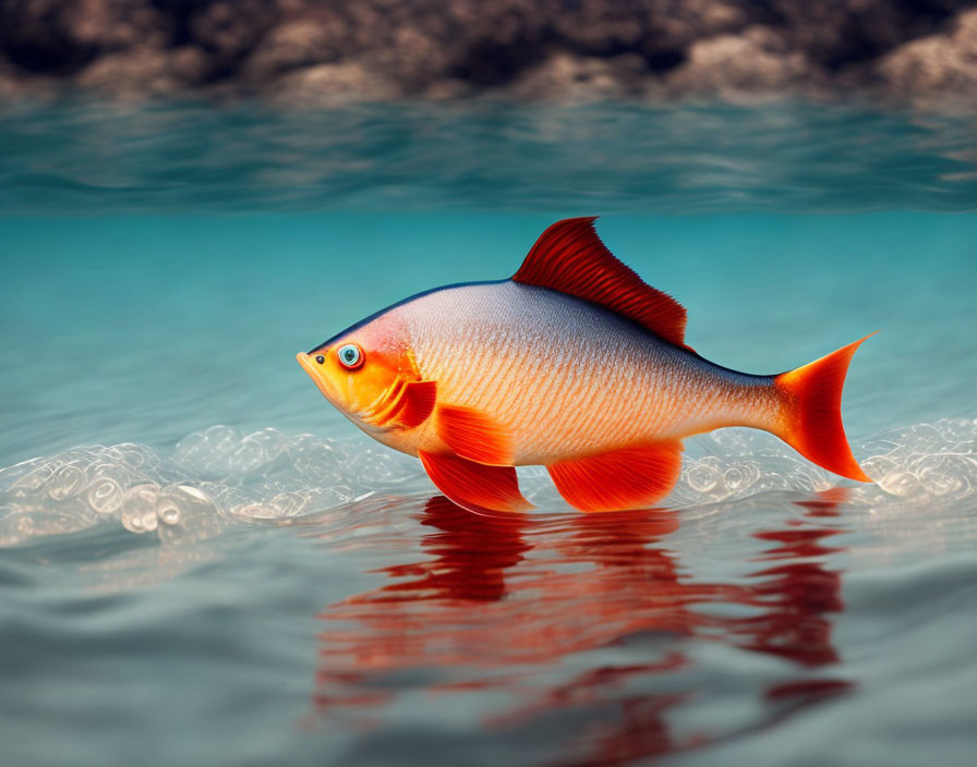 Shimmering orange fish with red fins in clear blue waters