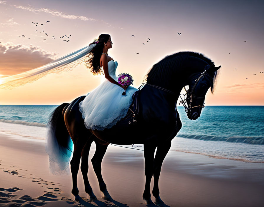 Bride in white dress and veil riding black horse on beach at sunset