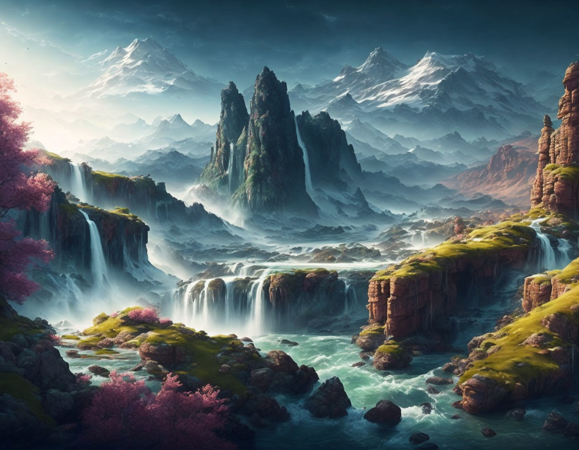 Fantasy landscape with greenery, waterfalls, cherry blossoms, and mountains