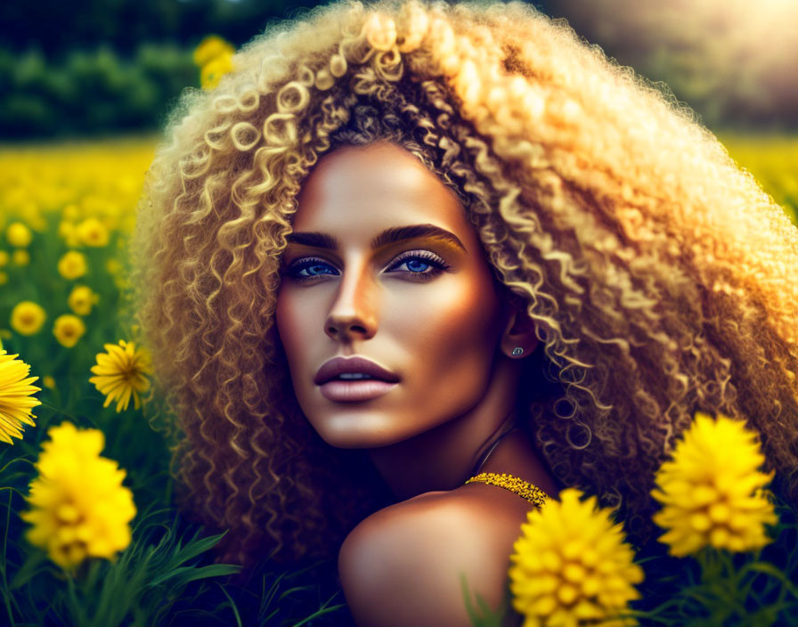 Curly-Haired Woman in Yellow Flower Field with Sunlight