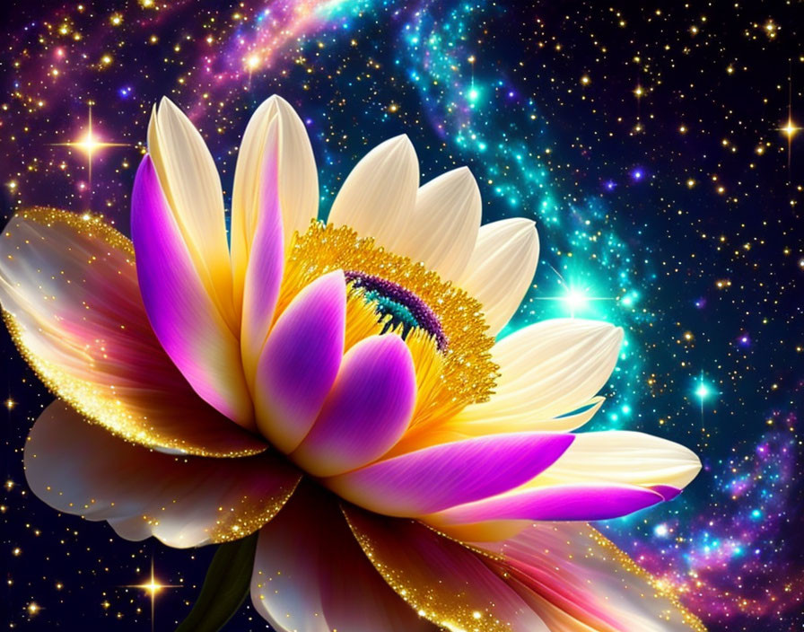 Colorful Lotus Flower Against Cosmic Galaxy Backdrop
