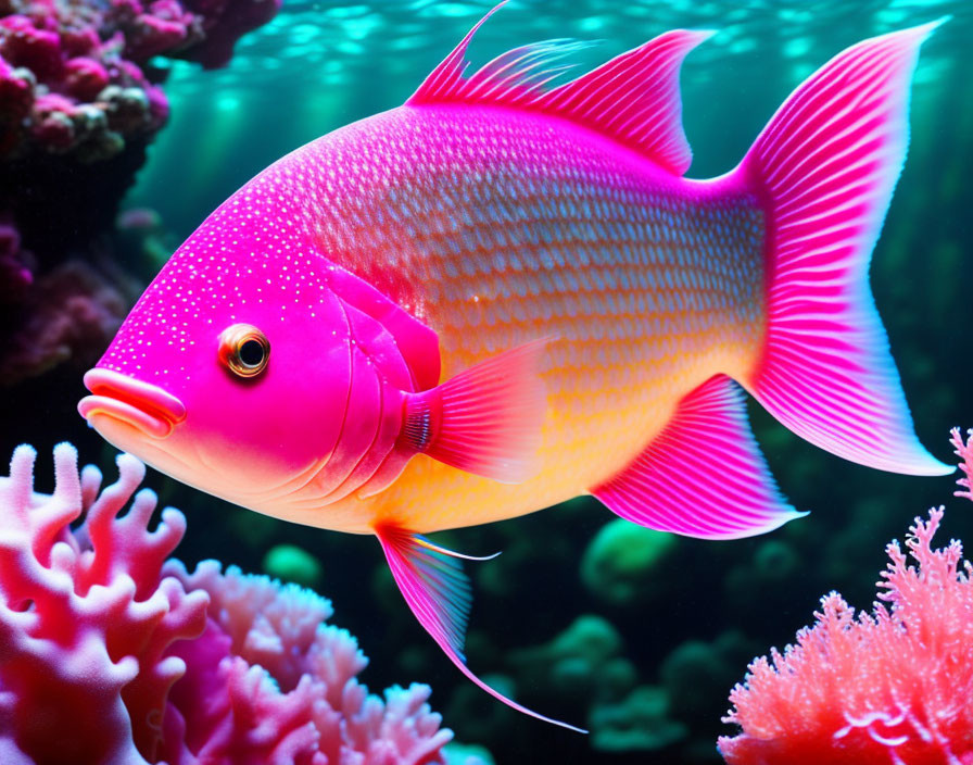 Vibrant pink fish with neon highlights among colorful coral