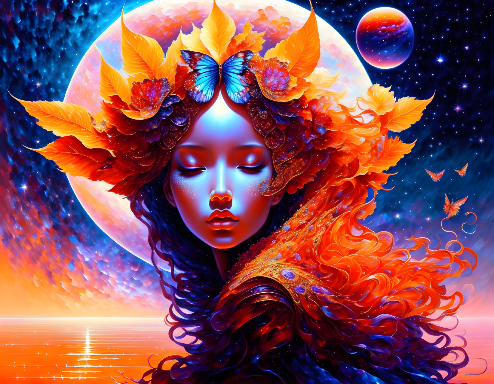 Colorful digital artwork: Woman with autumn leaf hair ornaments, fiery mane, celestial background.