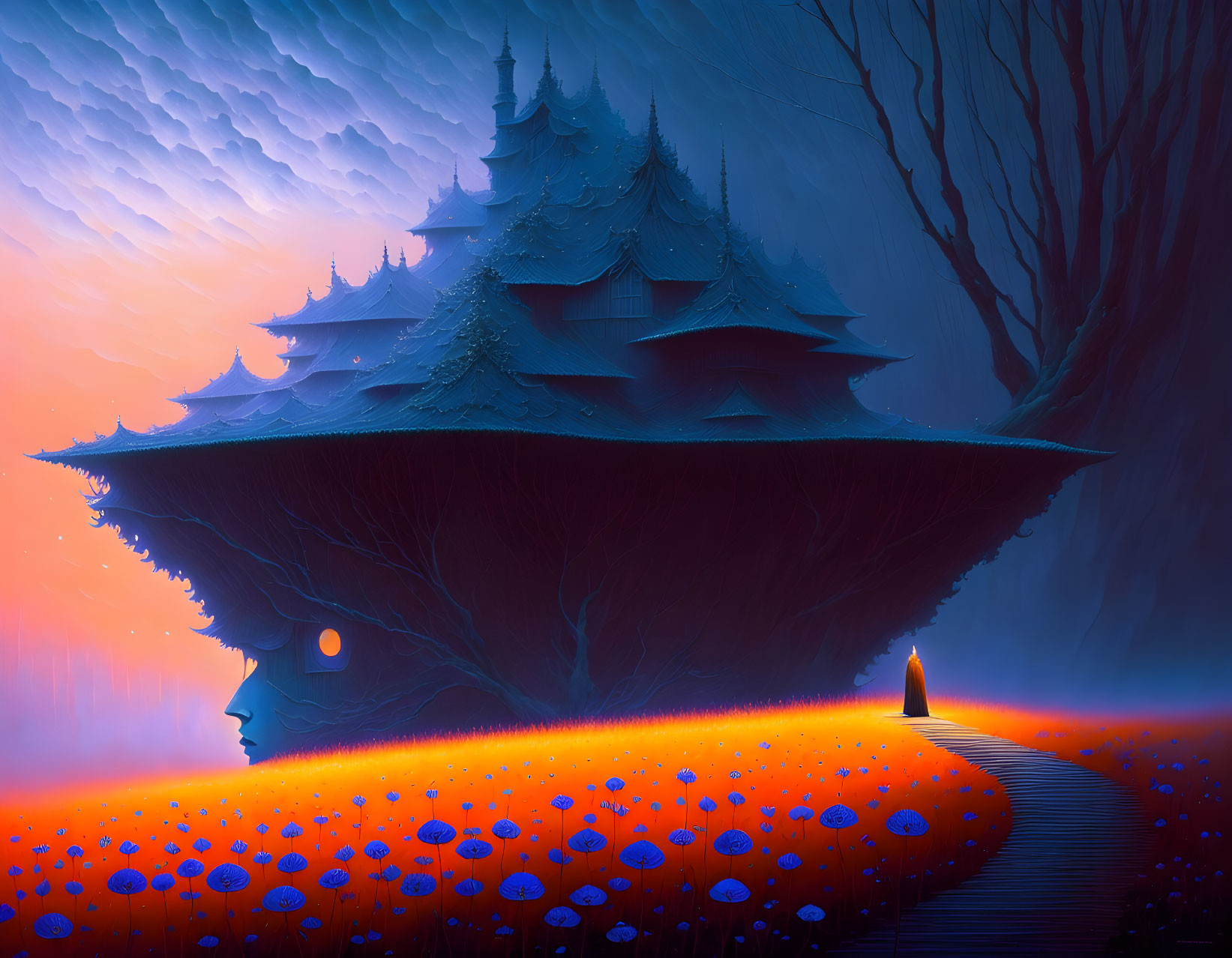 Fantasy landscape with glowing pagoda on inverted landmass