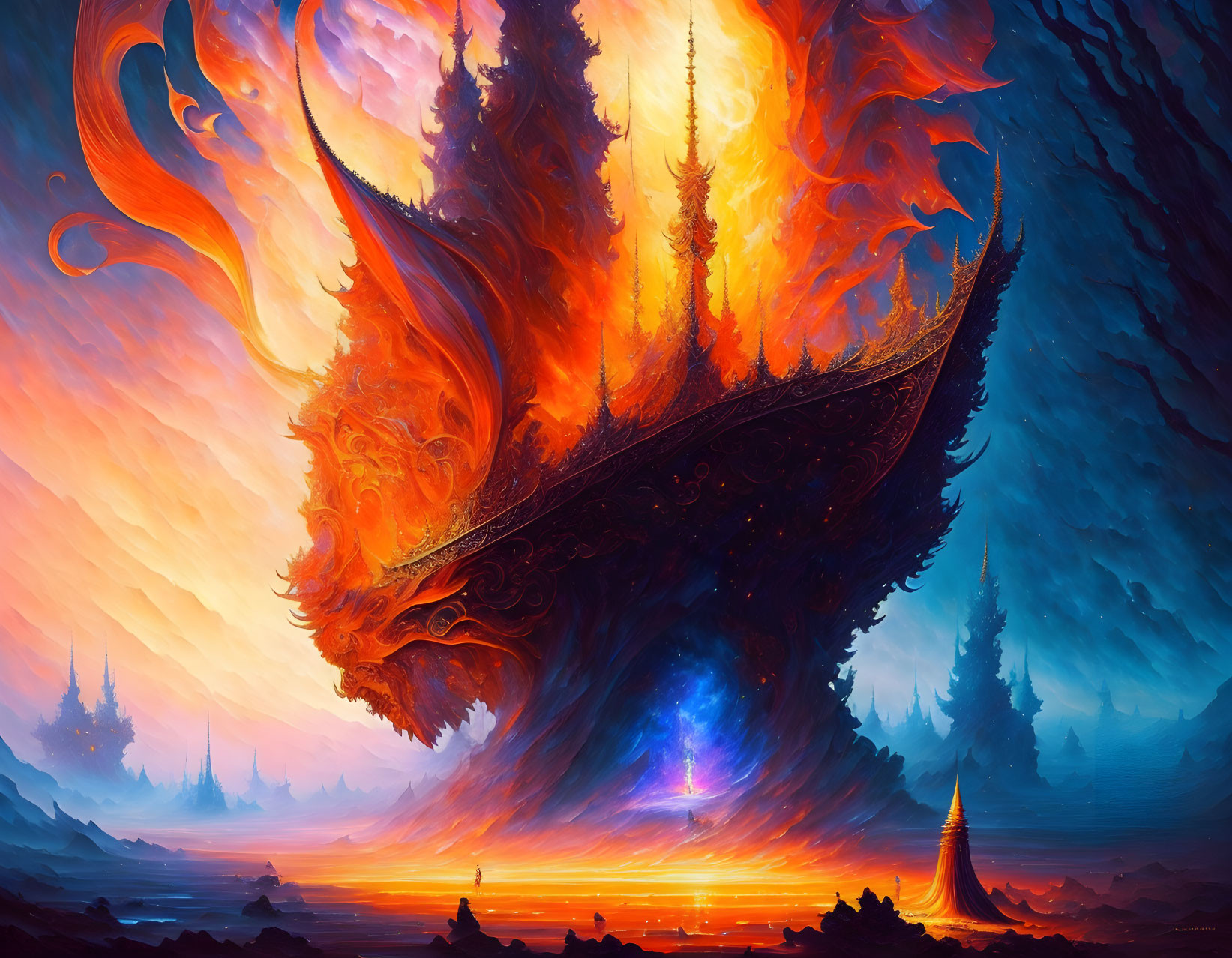 Fiery phoenix rising in mystical forest scene