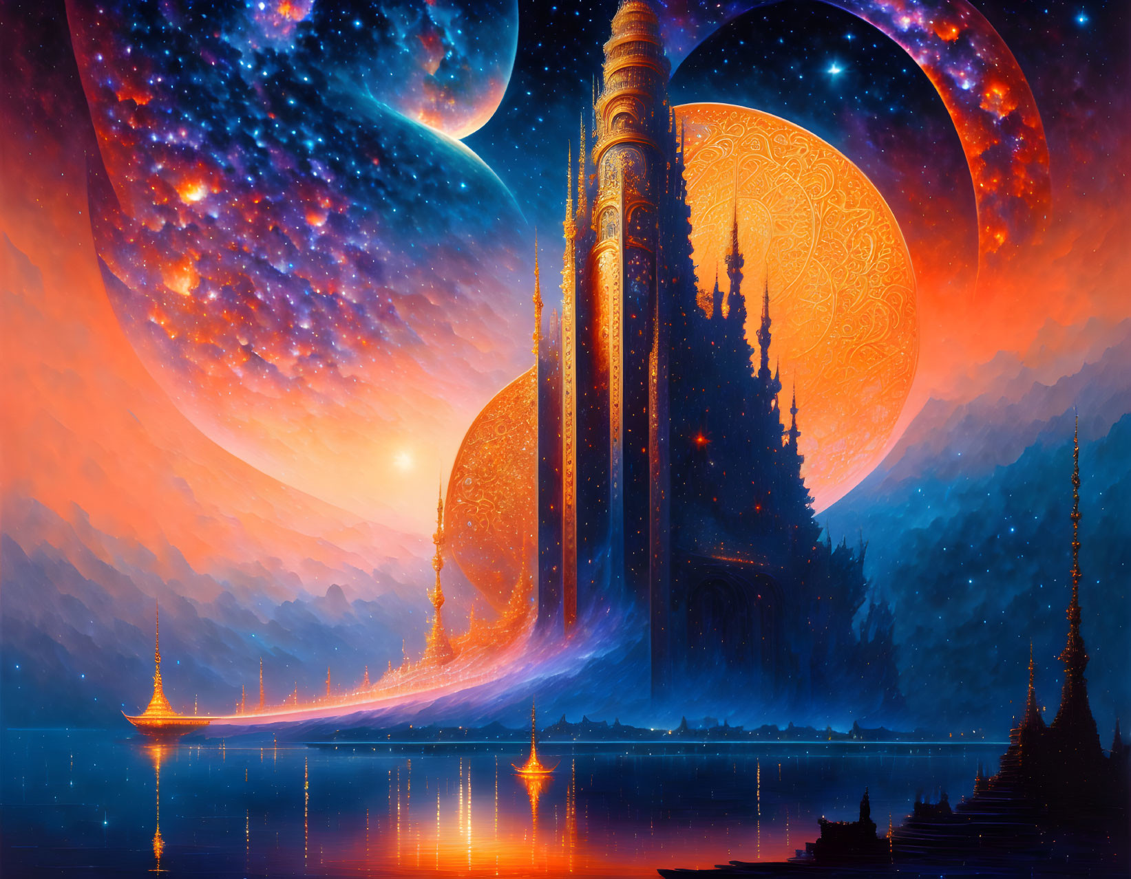 Fantastical digital artwork: ornate towers, cosmic backdrop