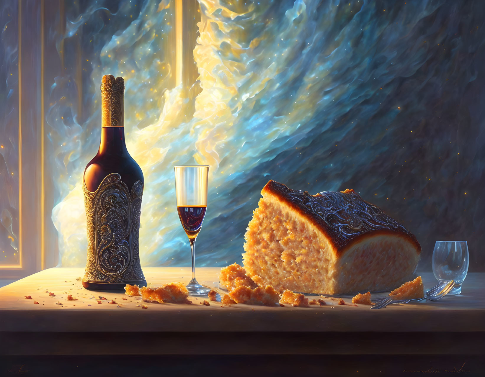 Luxurious wine bottle, glass, and cake on a table with ethereal light