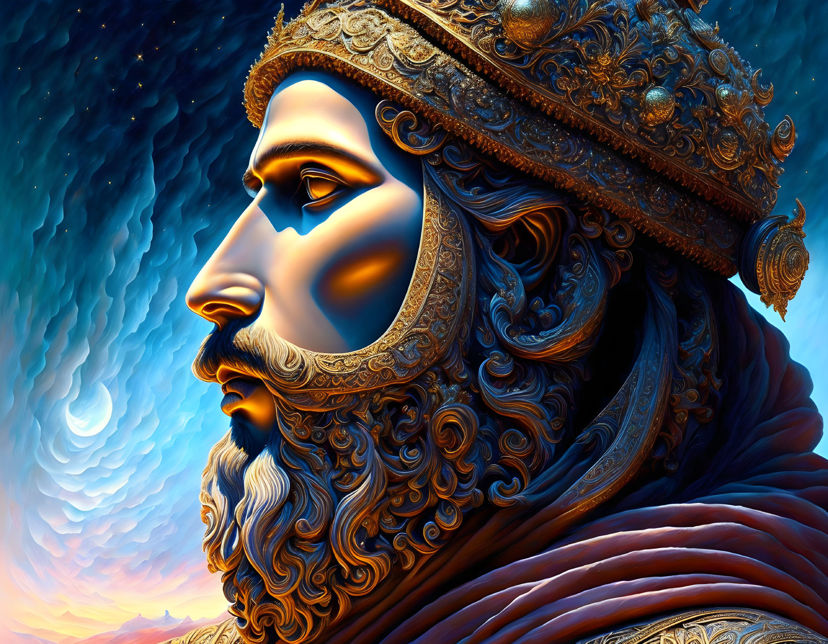 Regal figure in golden crown and armor against starry sky and sunset