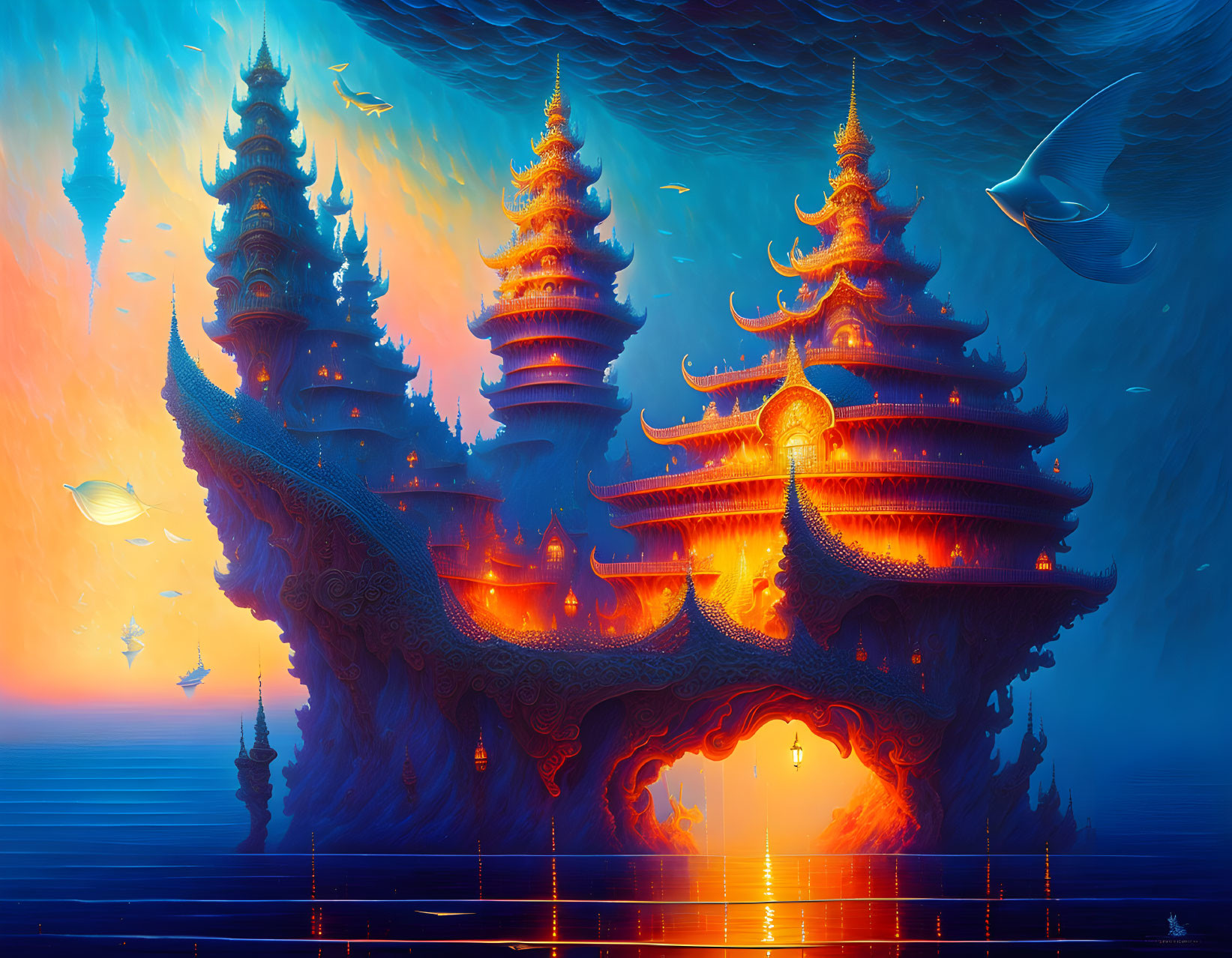 Digital Artwork: Glowing Temples Over Ocean with Sunset and Stingrays