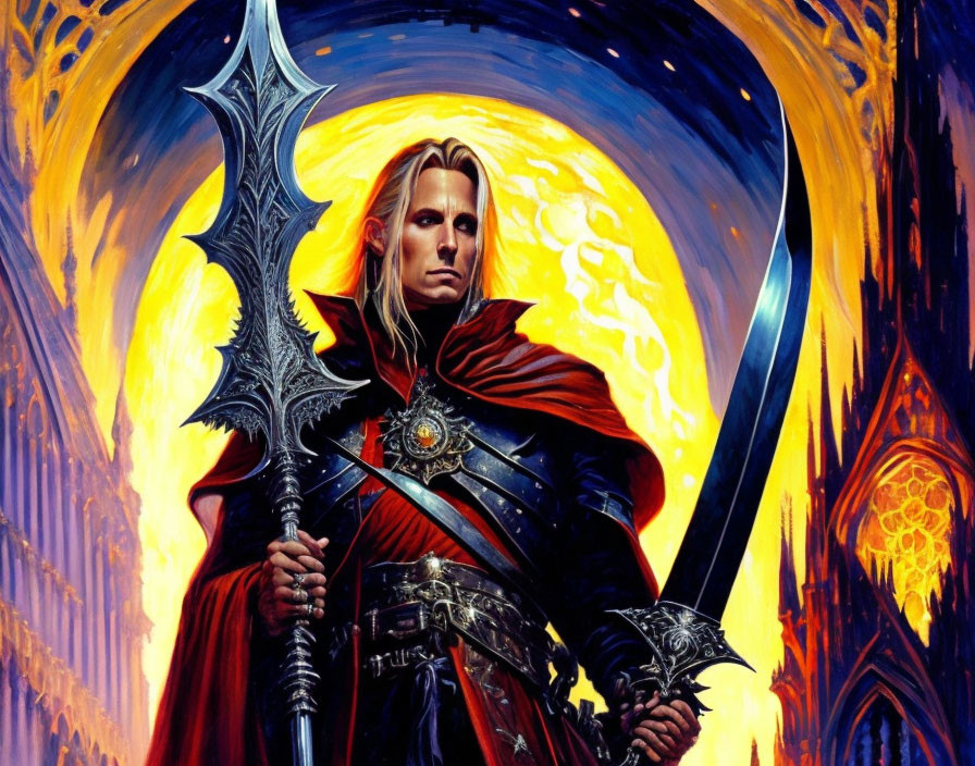 Blond warrior with ornate axe in red cloak against fiery gothic backdrop