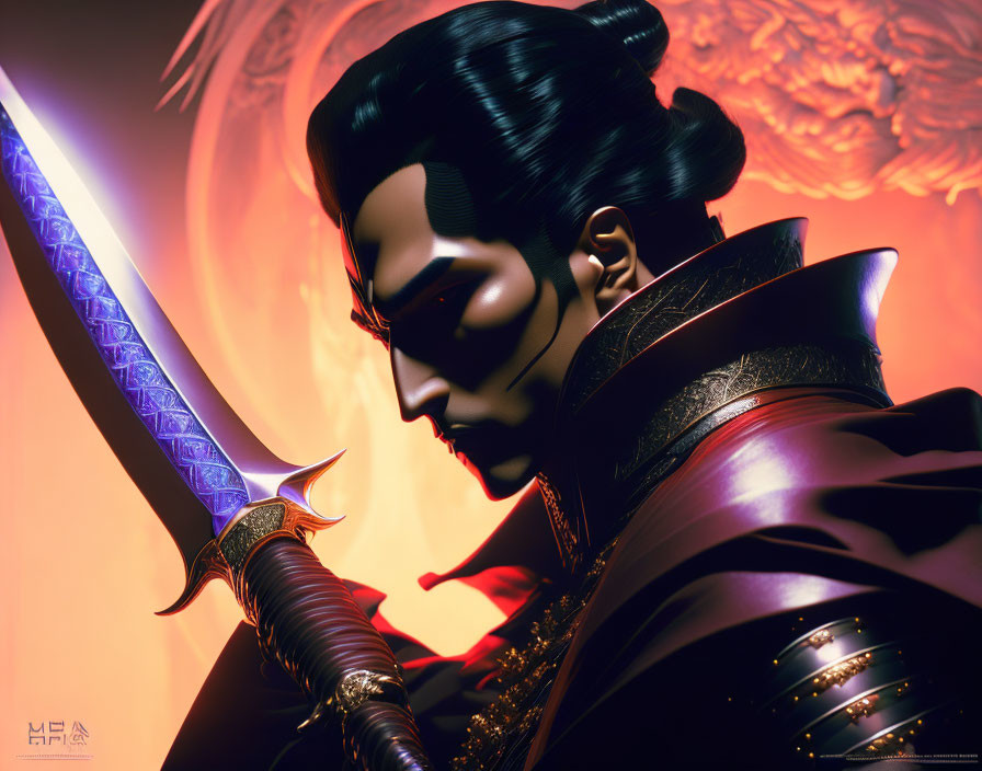 Stylized digital illustration of noble warrior with topknot and katana in fiery backdrop