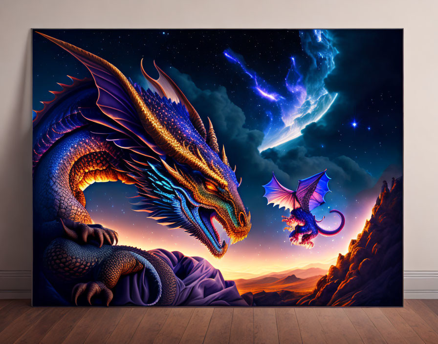 Colorful Dragon Artwork with Cosmic Background on Canvas in Room