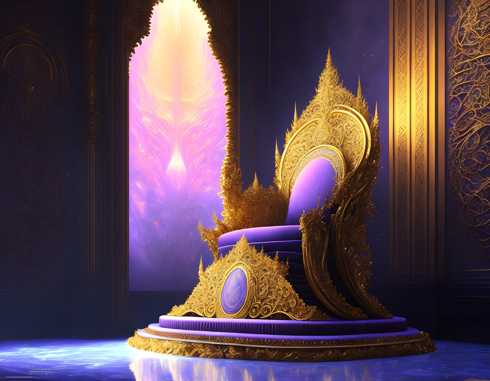 Regal golden throne with purple upholstery in ornate room with mystical backdrop