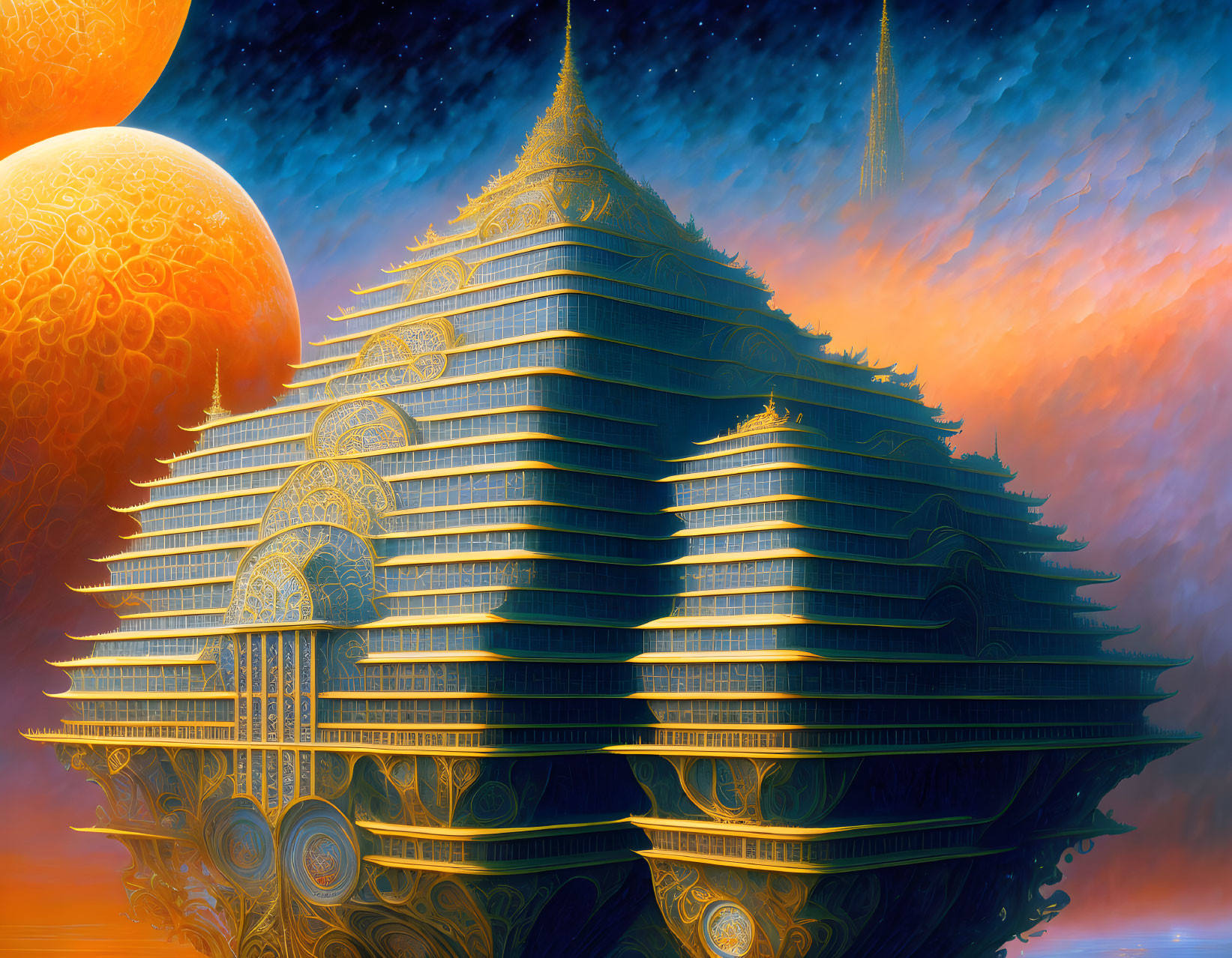 Futuristic pagoda structure with celestial backdrop