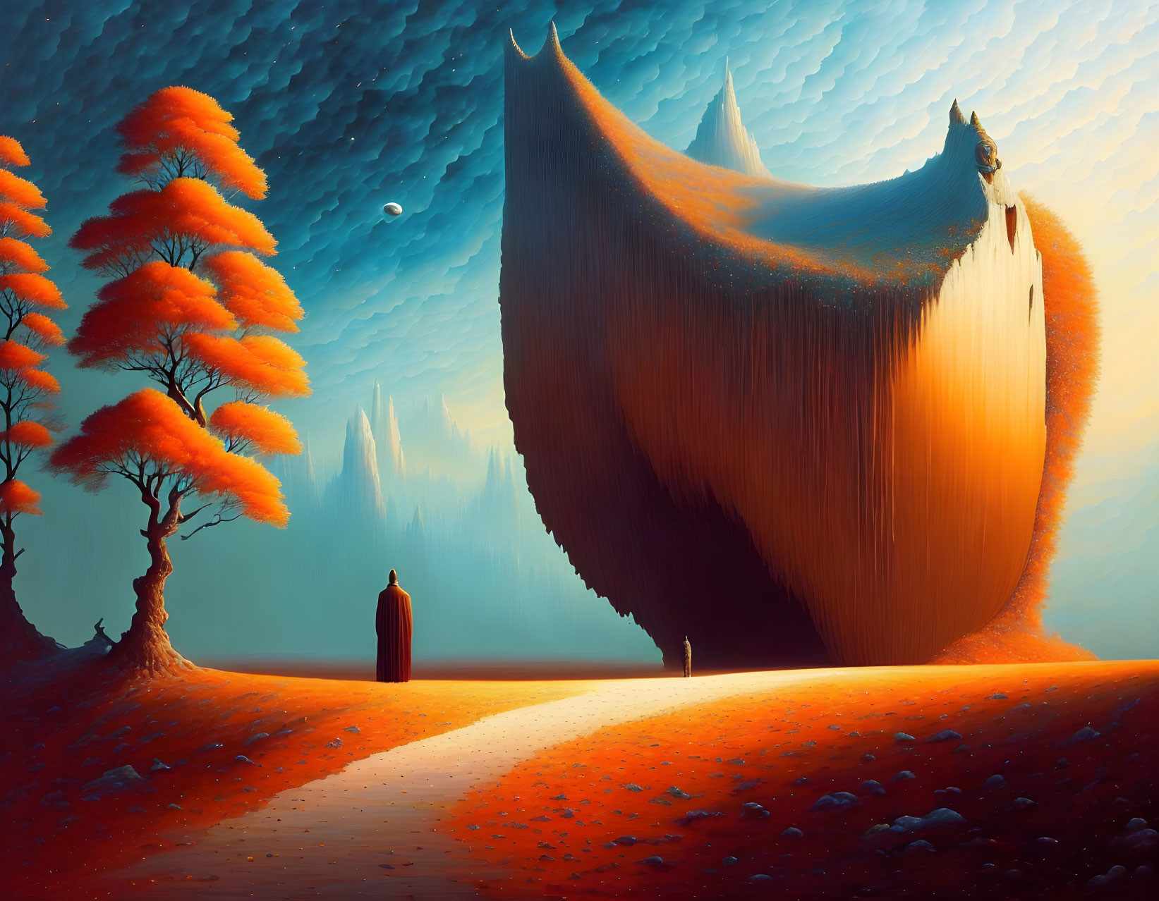 Surreal landscape with figure, oversized trees, floating island, and gradient sky.