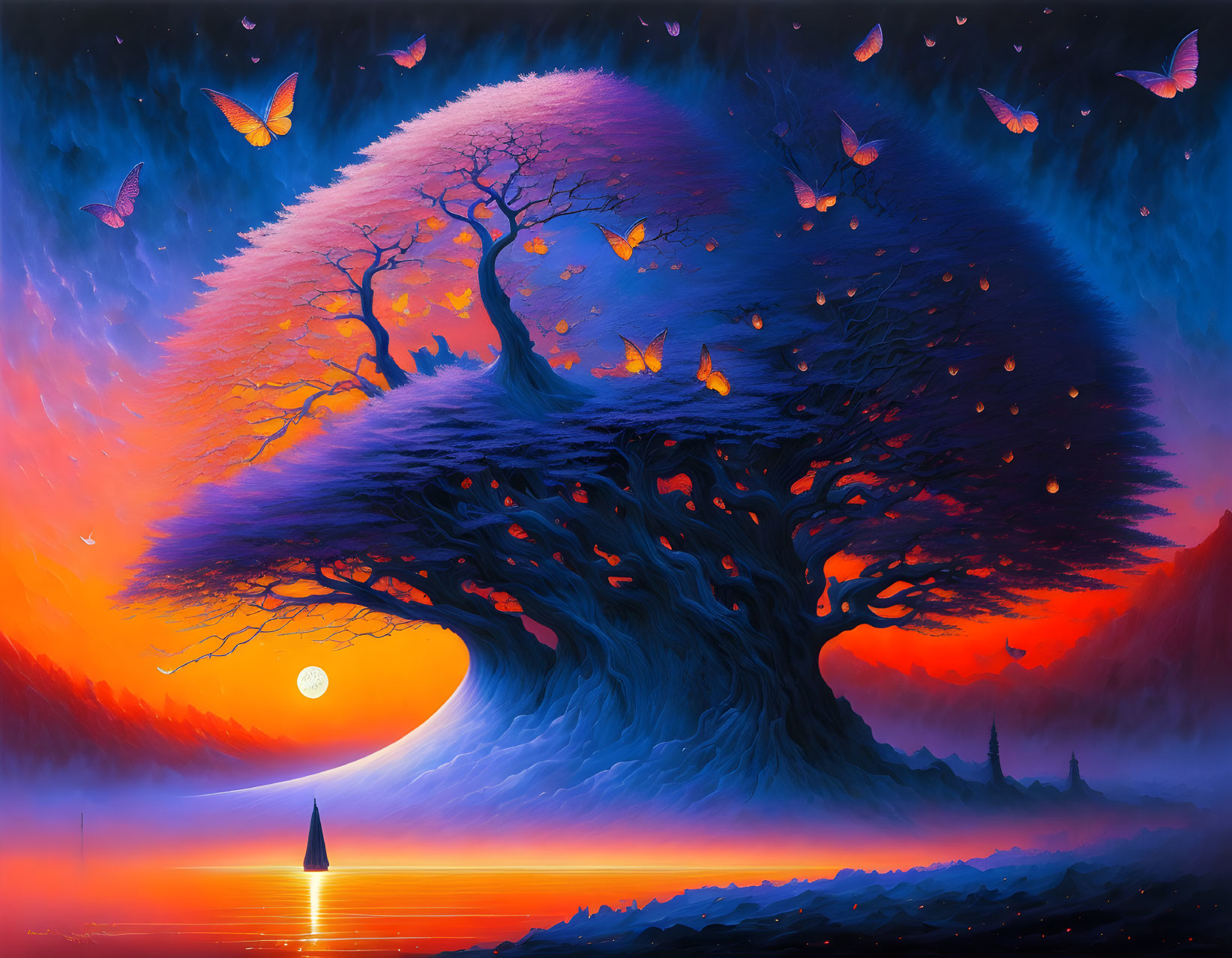 Colorful painting of giant tree, butterflies, sunset sky, and sailboat on calm sea