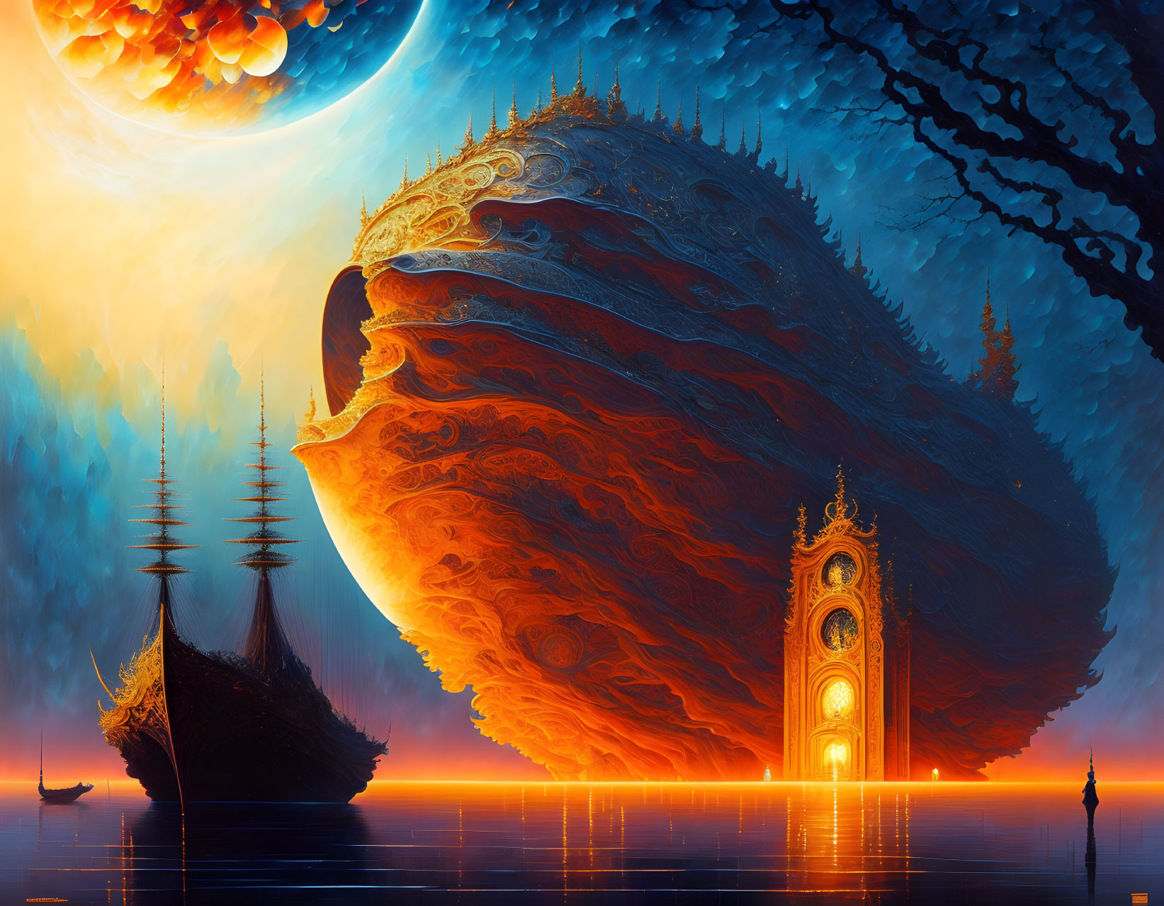 Colossal fiery planet over tranquil sea with sailing ships and glowing doorway