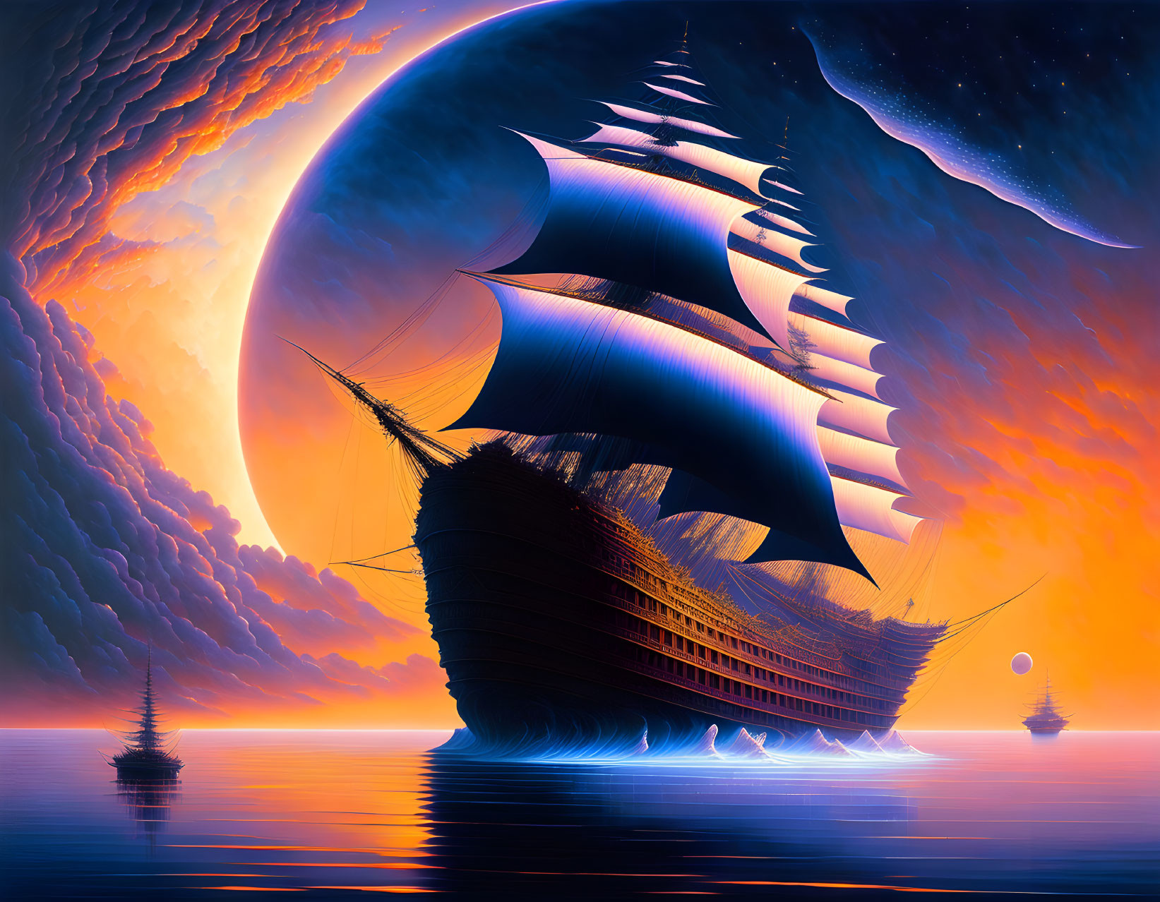 Surreal fantasy art of grand sailing ship under giant moon