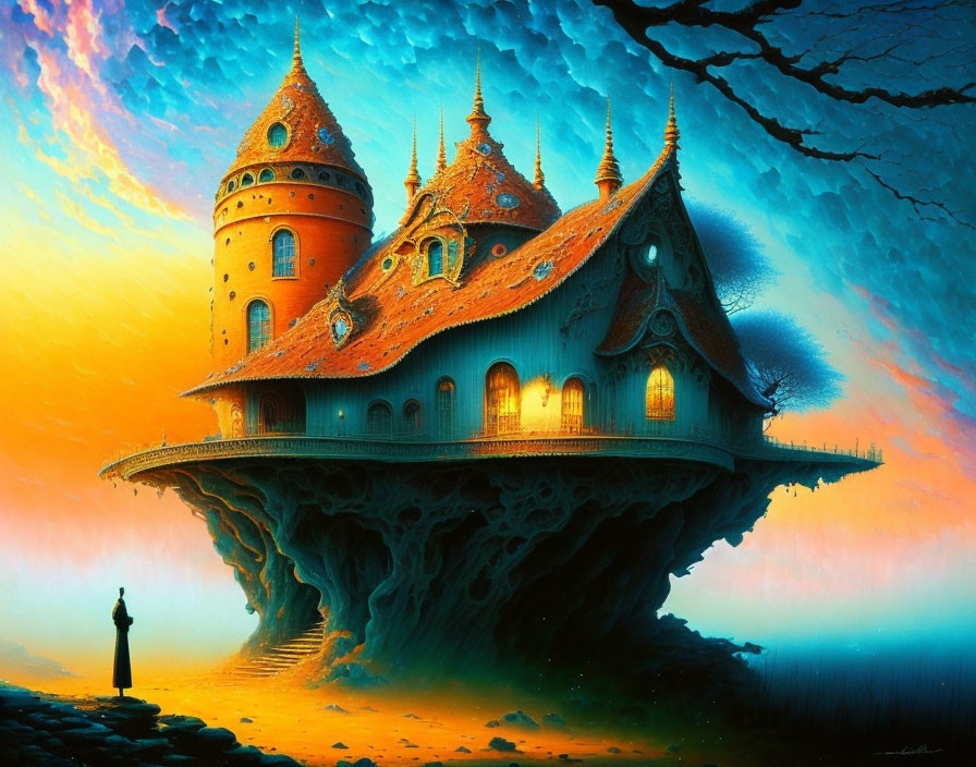 Fantastical castle on floating island at sunset with lone figure