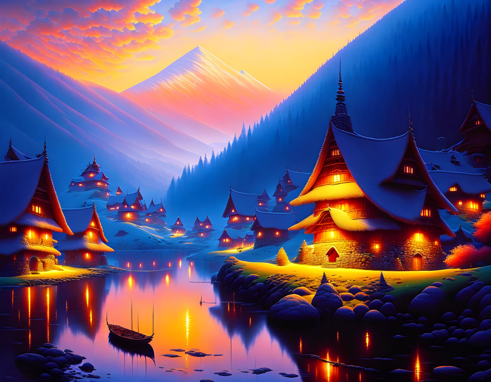 Serene mountain village at twilight by calm lake