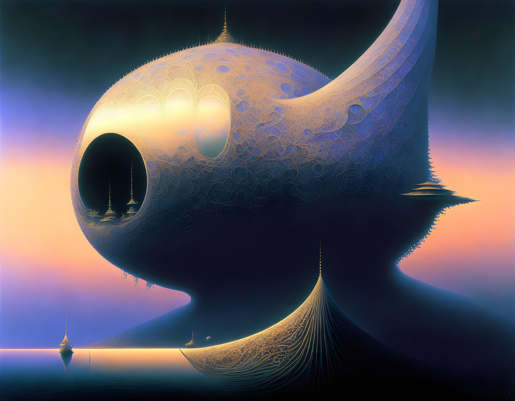 Whale-like surreal creature with intricate patterns in dreamy landscape