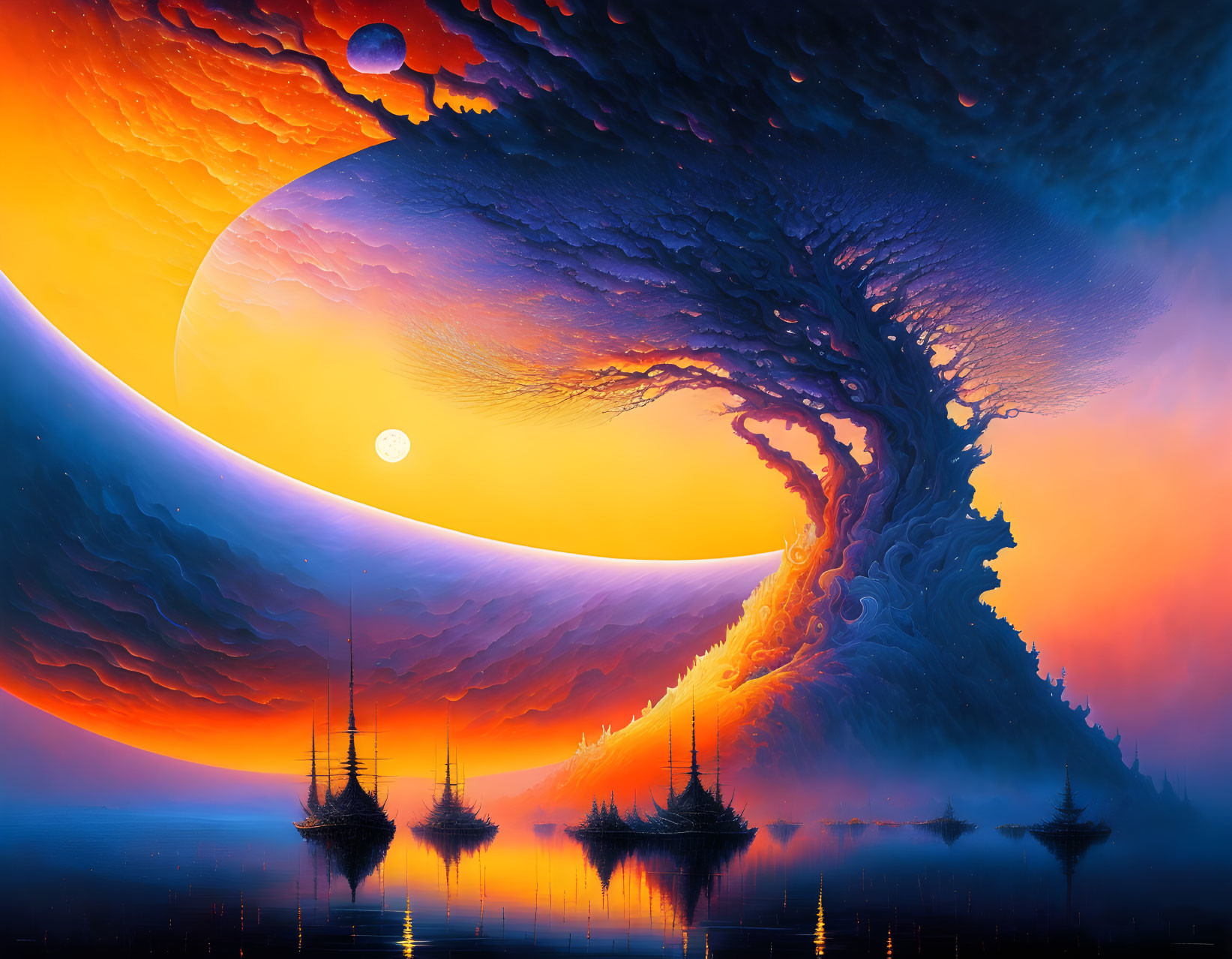 Fantasy landscape with large tree, crescent planet, moons, fiery skies, and sailing ships