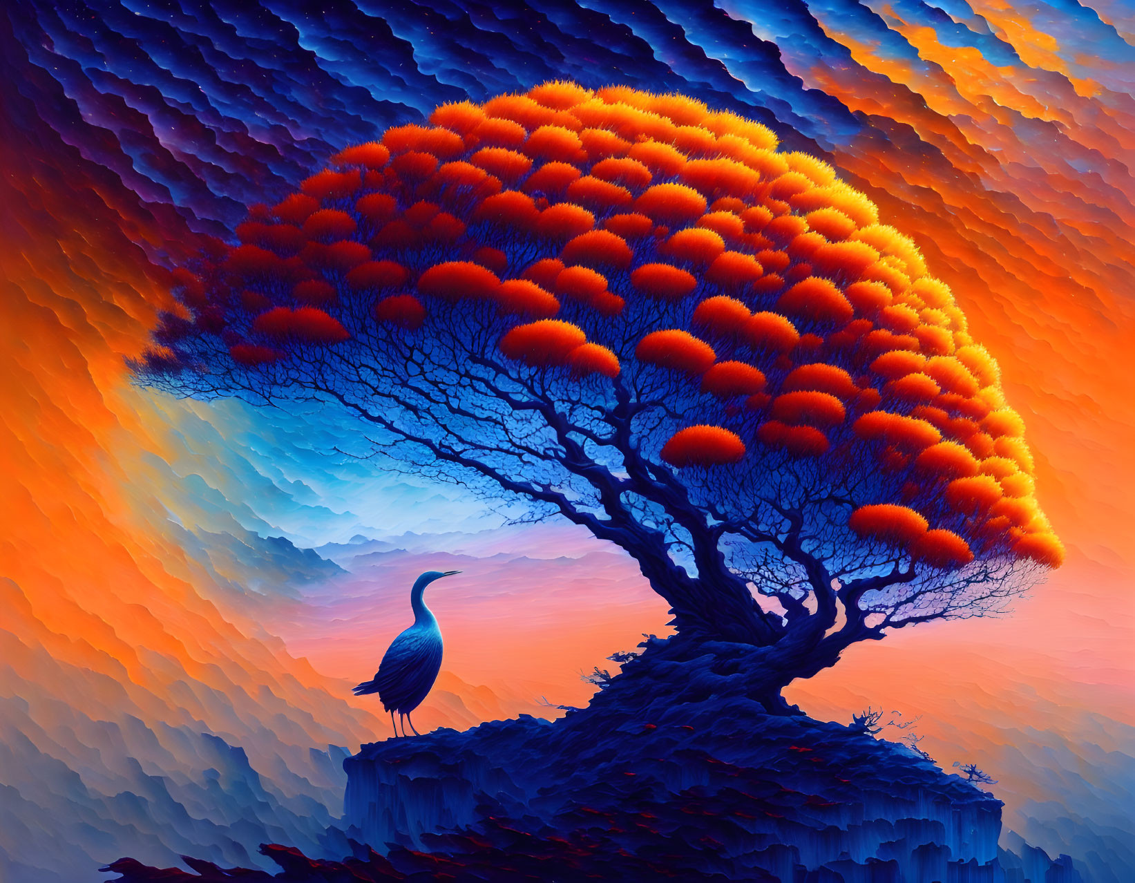 Colorful Artwork: Large Tree, Orange Foliage, Bird on Rock, Blue-Orange