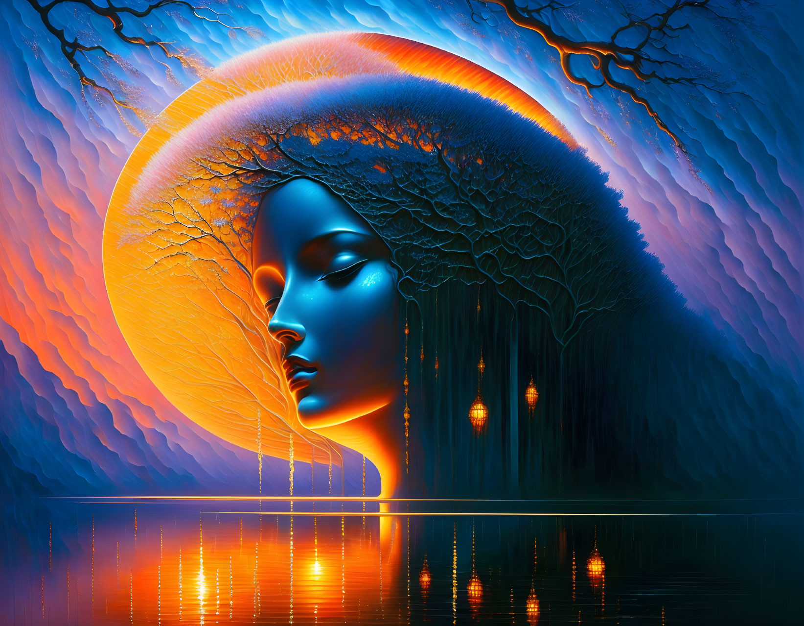 Colorful female face profile with tree silhouette at sunset reflected in water